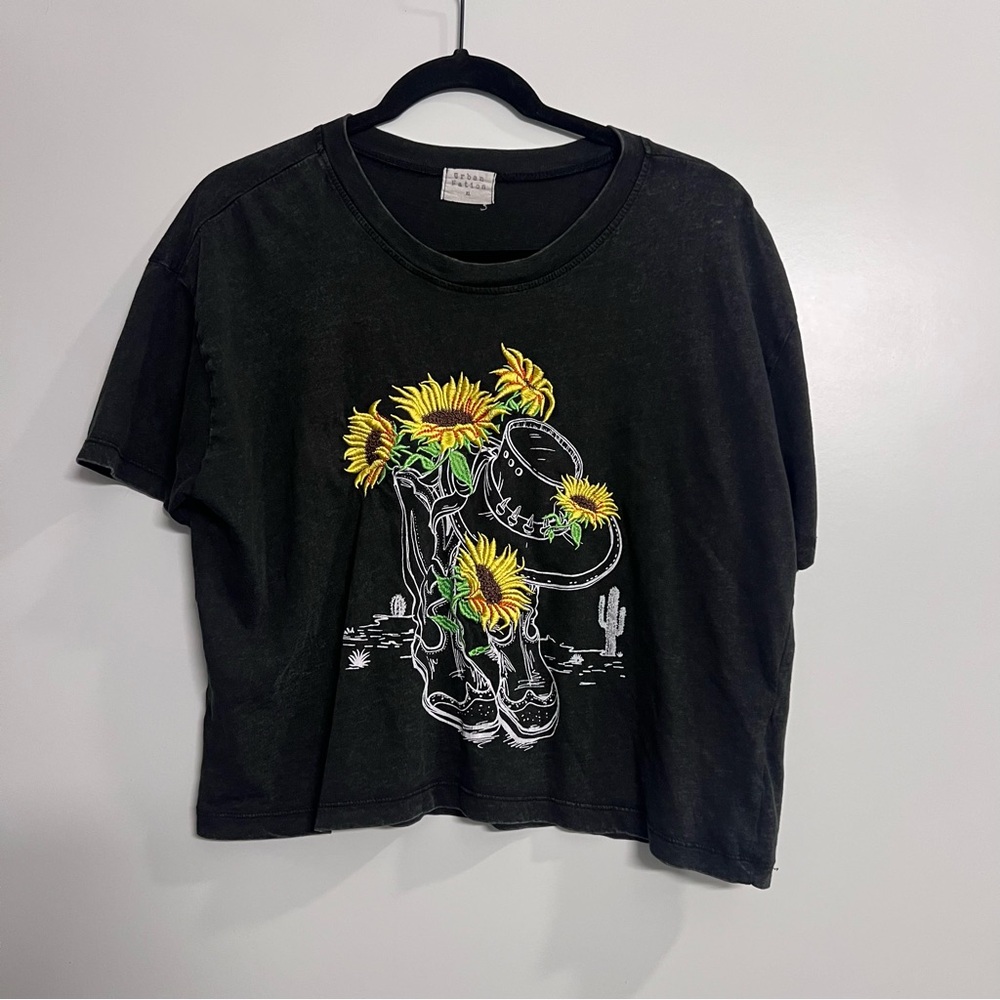 Black Crop Top with Sunflower Graphic